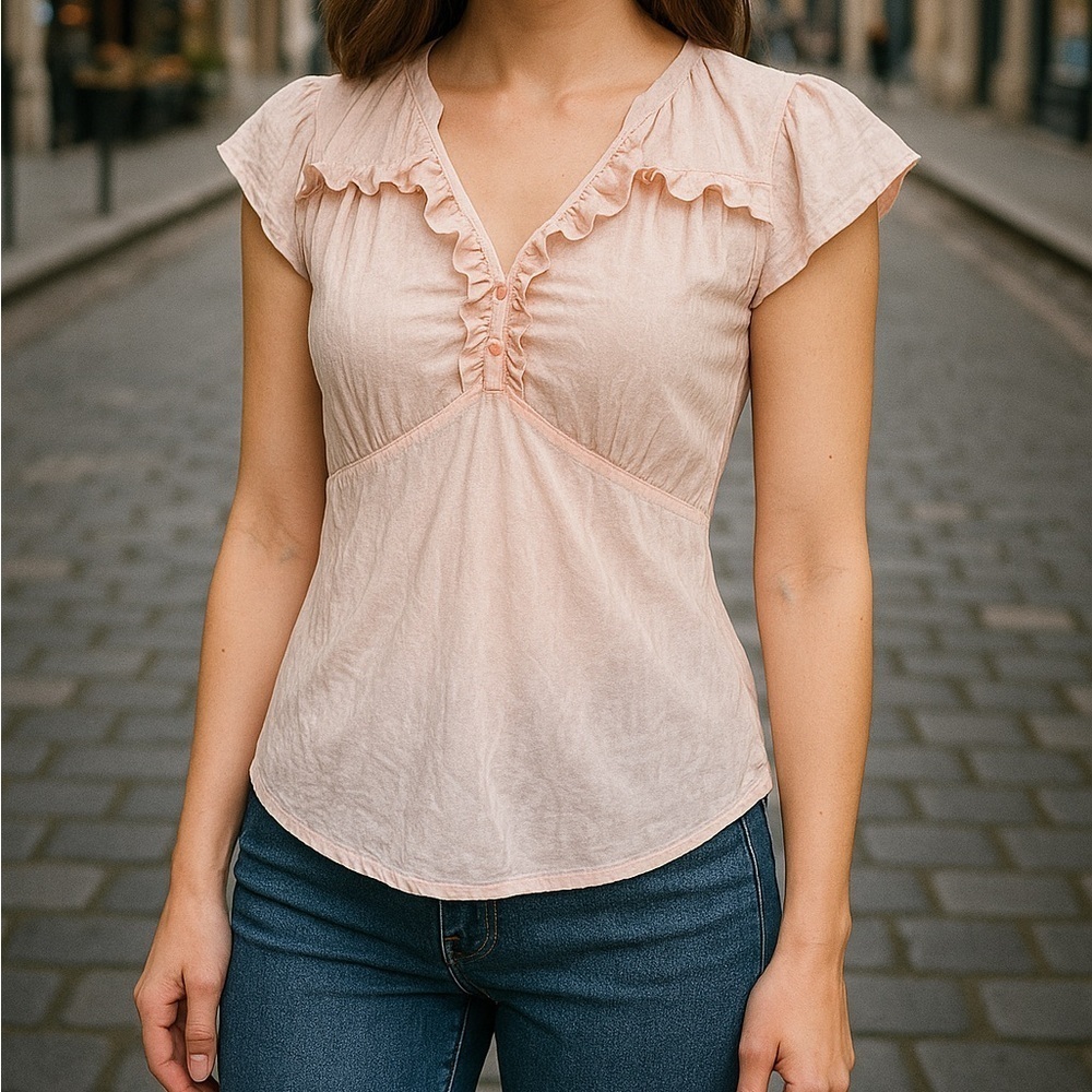 Vintage GAP Ruffle Pink Blouse Sheer Y2K Top Size M